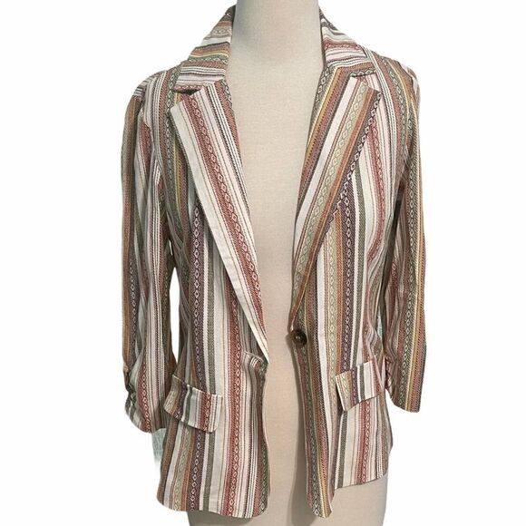 Soho Apparel Striped Linen One Button Ruched‎ Sleeve Blazer White Orange Medium - Picture 15 of 15